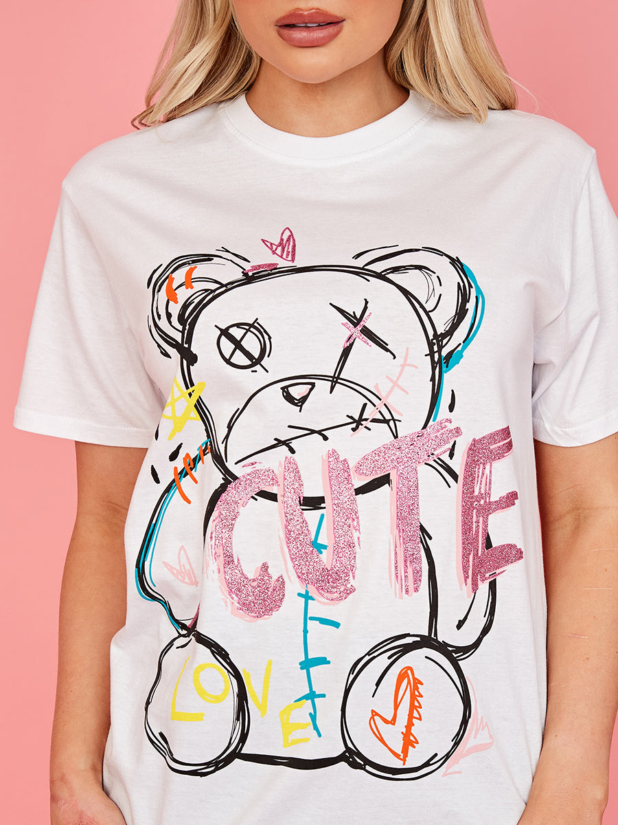 Cute Teddy Graphic Glitter Detail T-Shirt