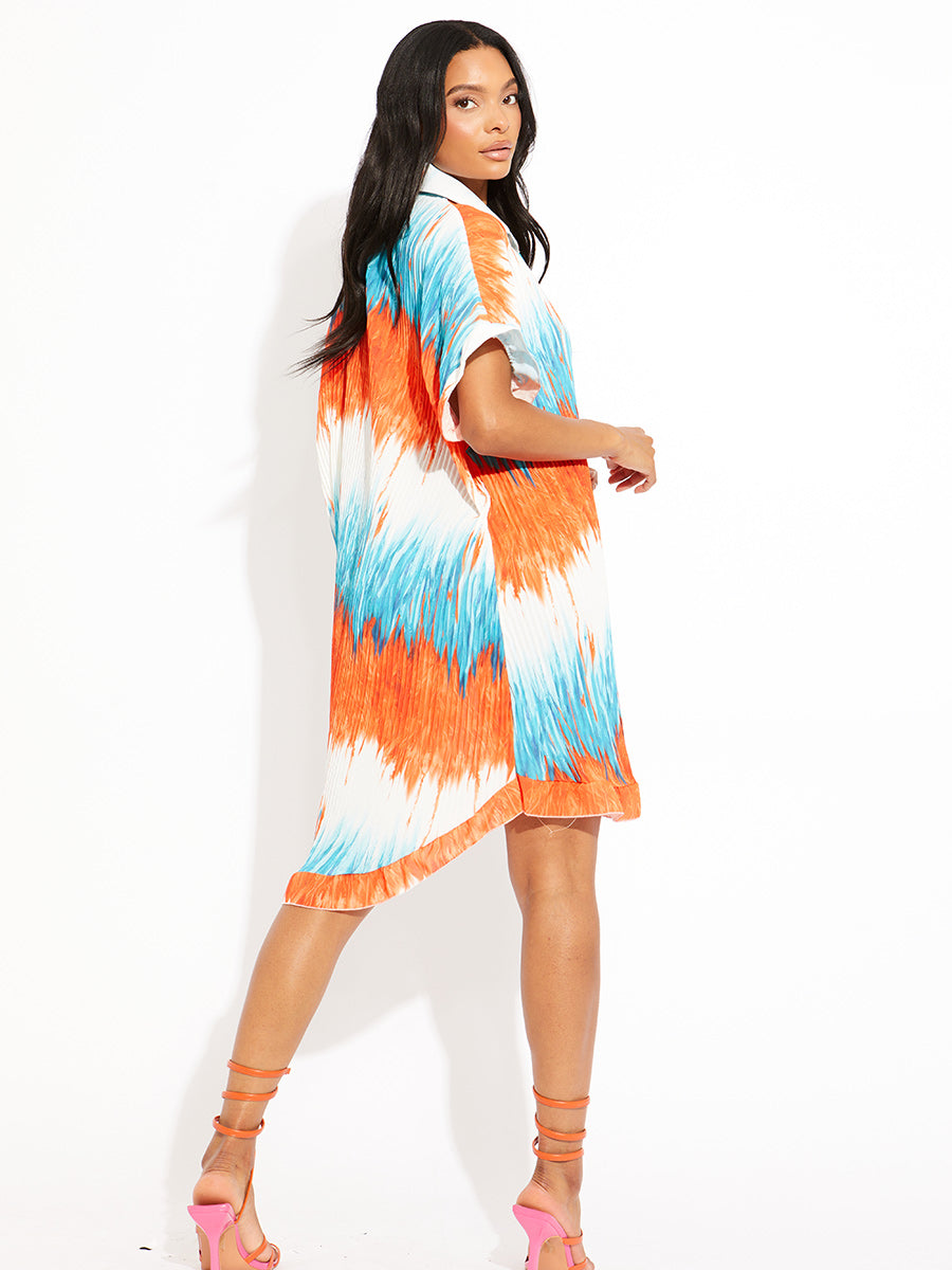 Tie-Dye Plisse Detail Frill Hem Oversized Dress