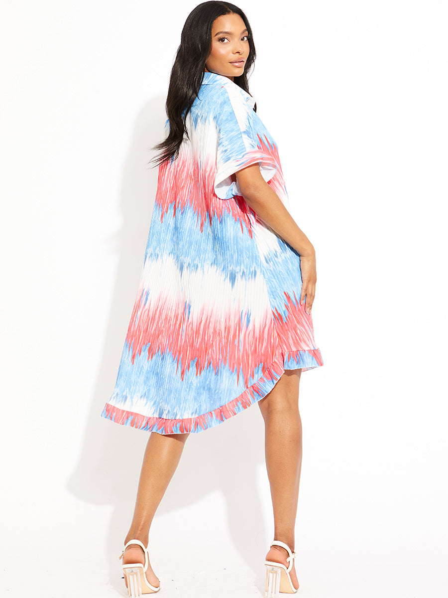 Tie-Dye Plisse Detail Frill Hem Oversized Dress