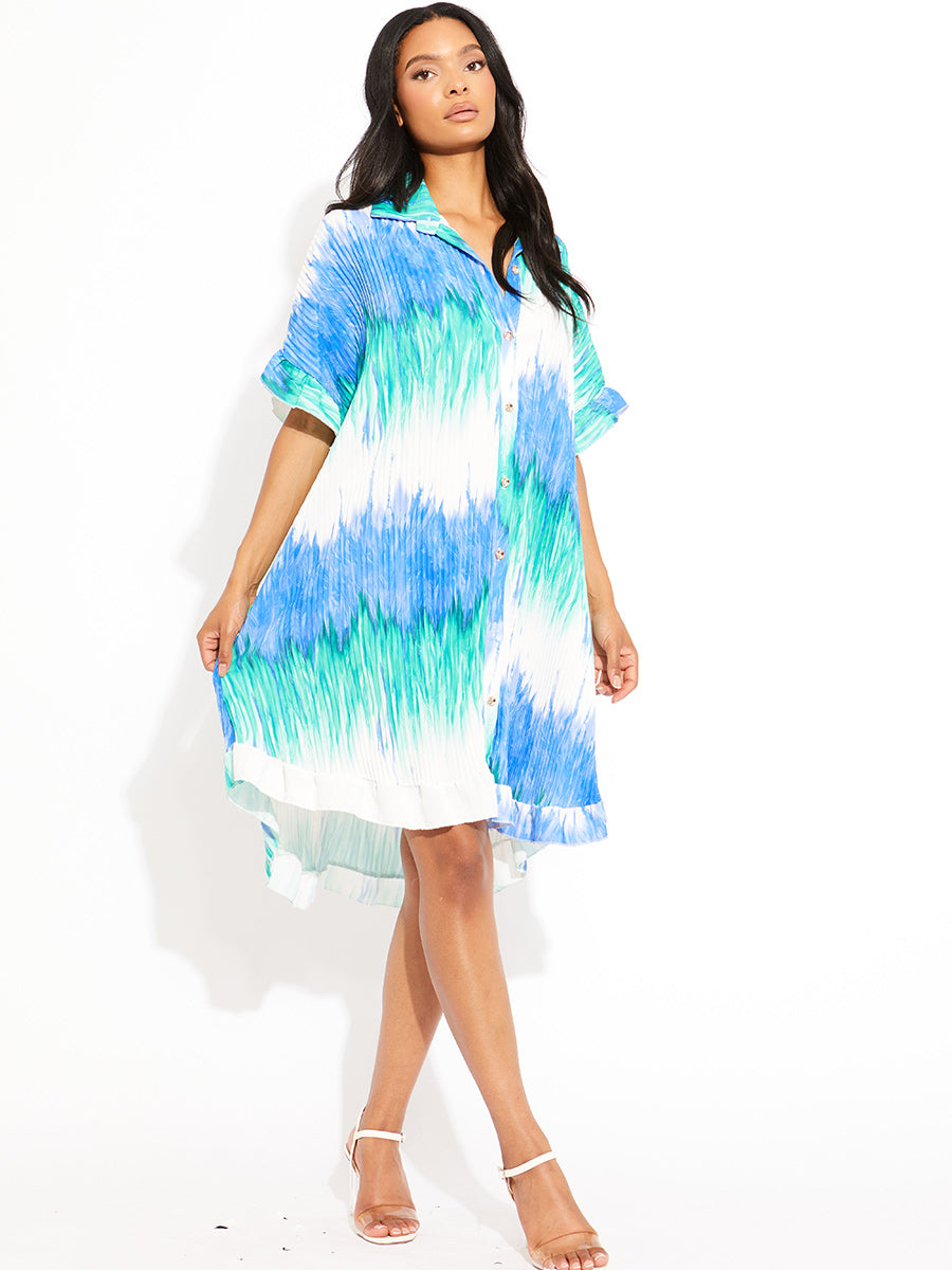 Tie-Dye Plisse Detail Frill Hem Oversized Dress