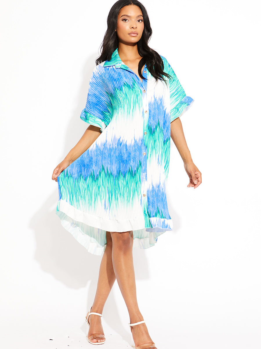 Tie-Dye Plisse Detail Frill Hem Oversized Dress
