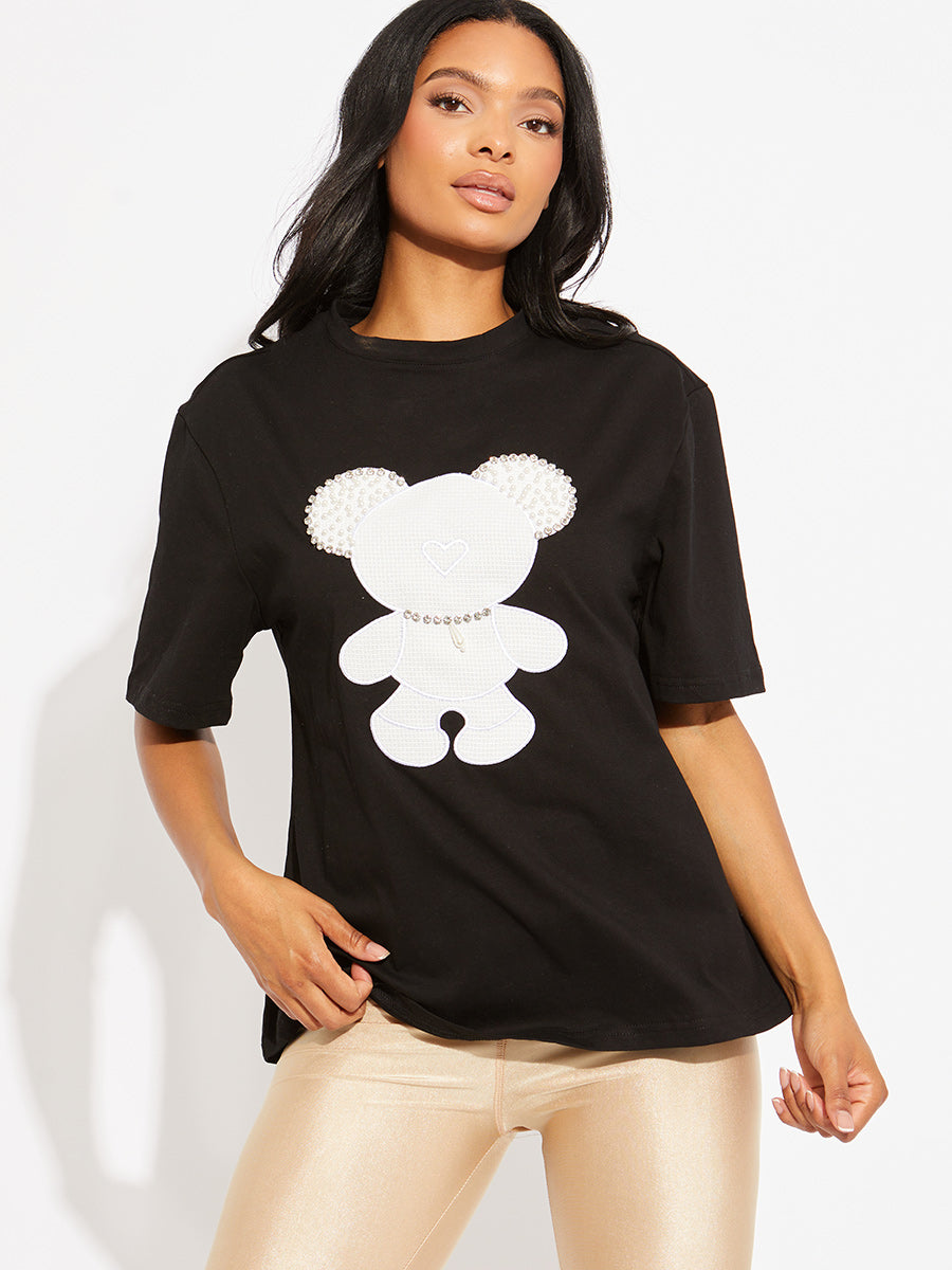 White Pearl Diamante Bear Oversized Logo T-Shirt