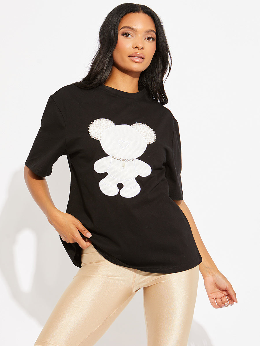 White Pearl Diamante Bear Oversized Logo T-Shirt