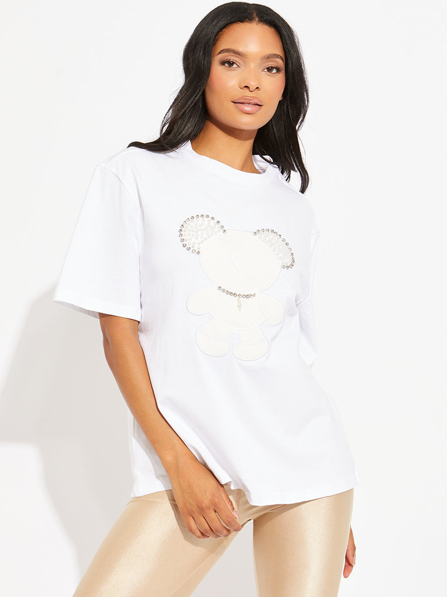 White Pearl Diamante Bear Oversized Logo T-Shirt
