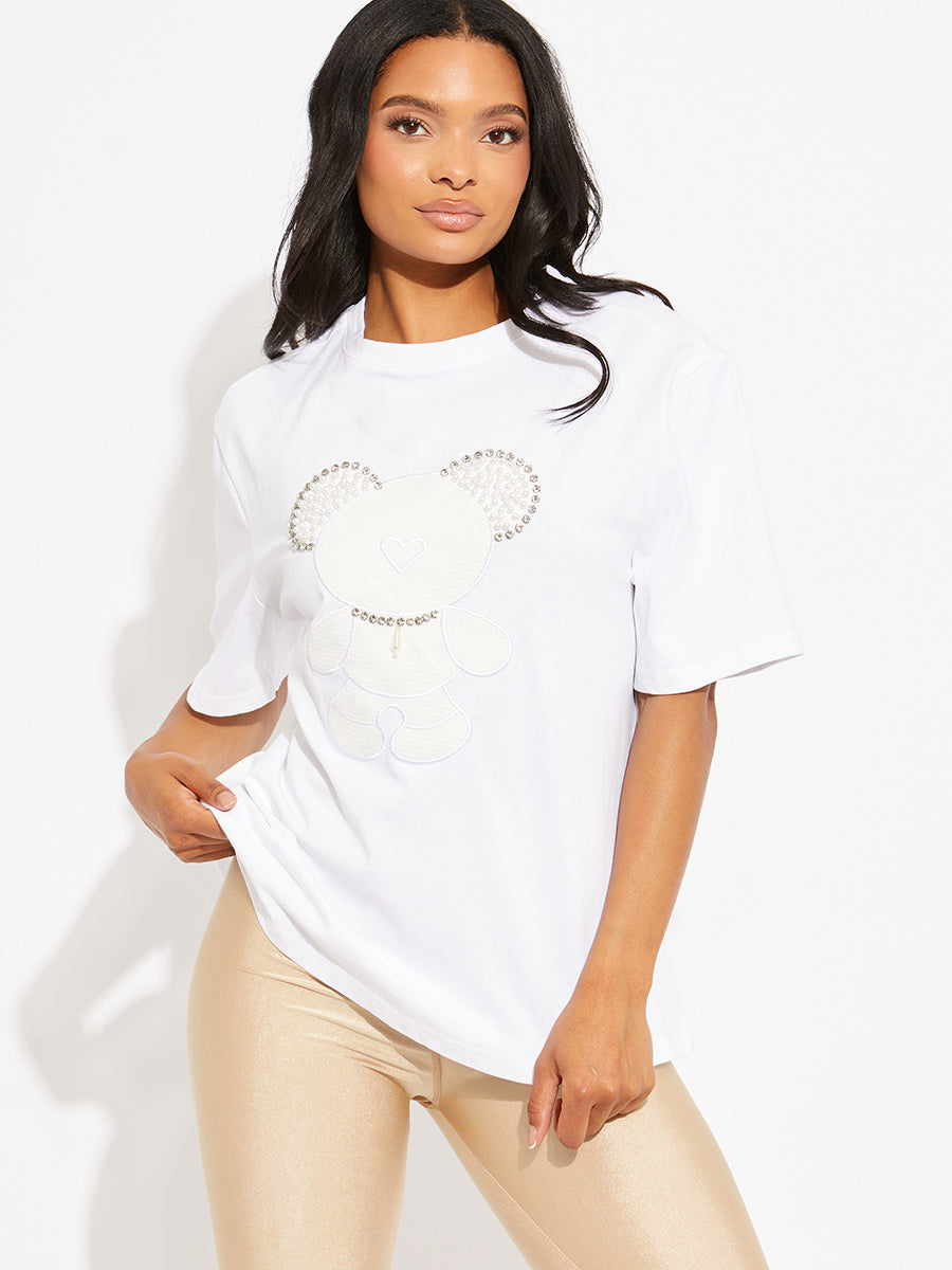 White Pearl Diamante Bear Oversized Logo T-Shirt