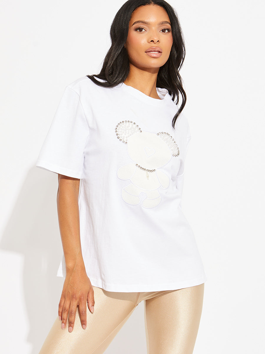 White Pearl Diamante Bear Oversized Logo T-Shirt