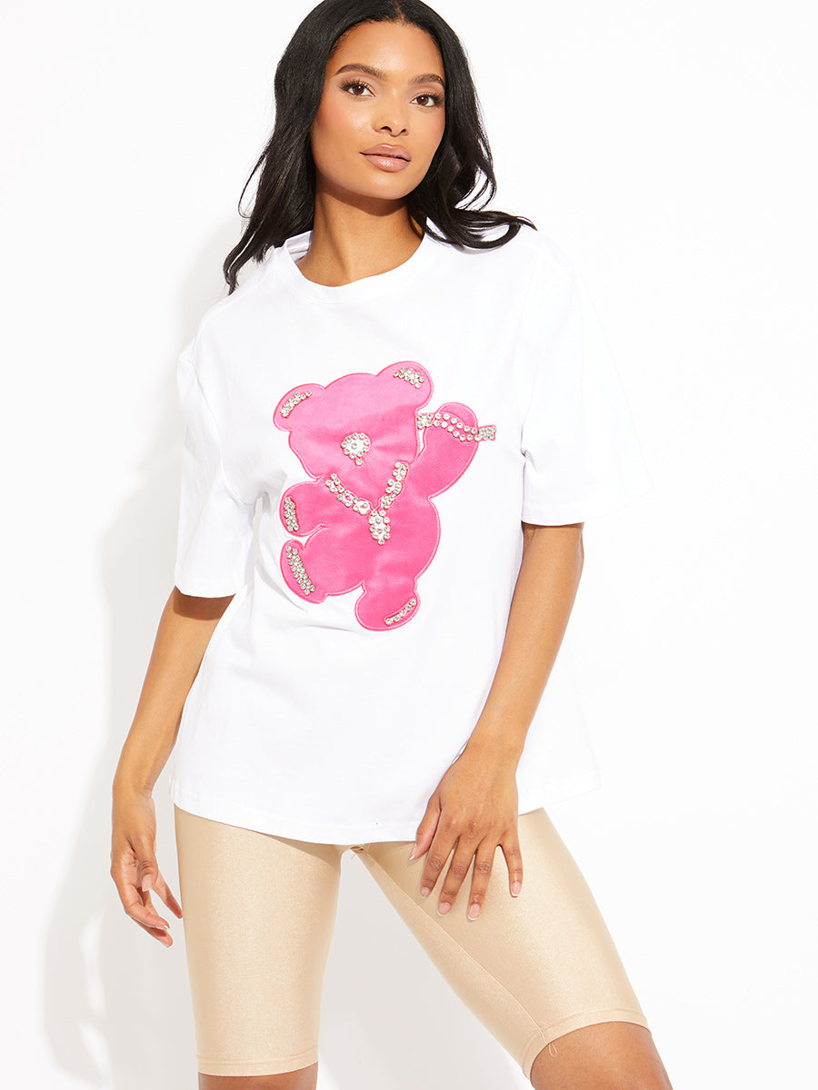 Pink Diamante Bear Oversized Logo T-Shirt