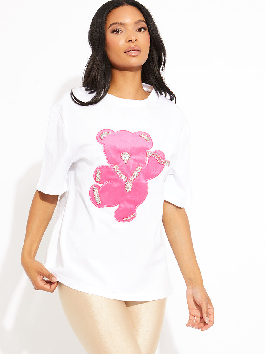 Pink Diamante Bear Oversized Logo T-Shirt