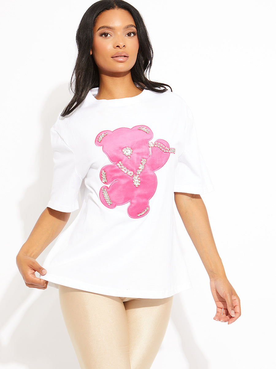Pink Diamante Bear Oversized Logo T-Shirt
