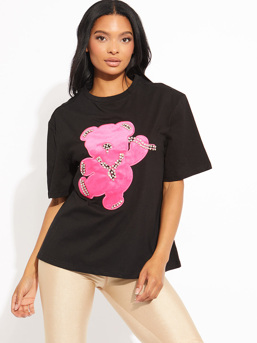 Pink Diamante Bear Oversized Logo T-Shirt