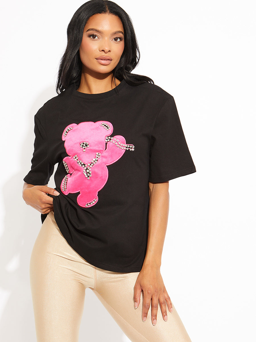 Pink Diamante Bear Oversized Logo T-Shirt