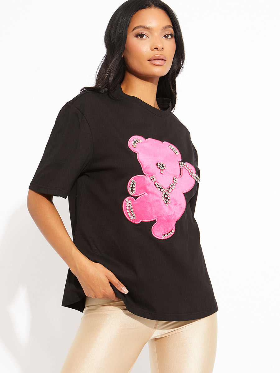 Pink Diamante Bear Oversized Logo T-Shirt