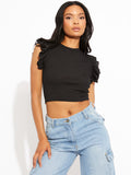 Frill Cap Sleeves Ribbed Crop Top