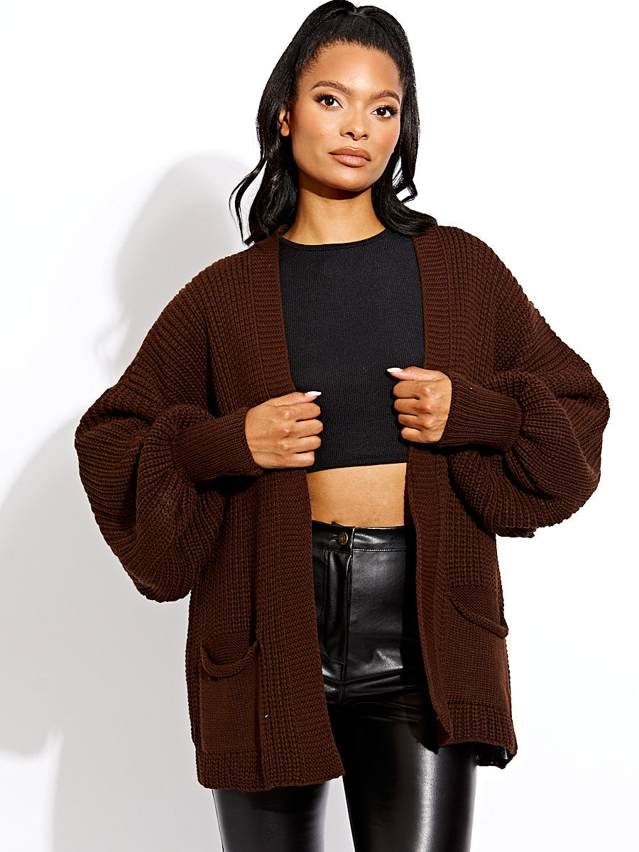 Waist Length Balloon Sleeve Knitted Cardigan