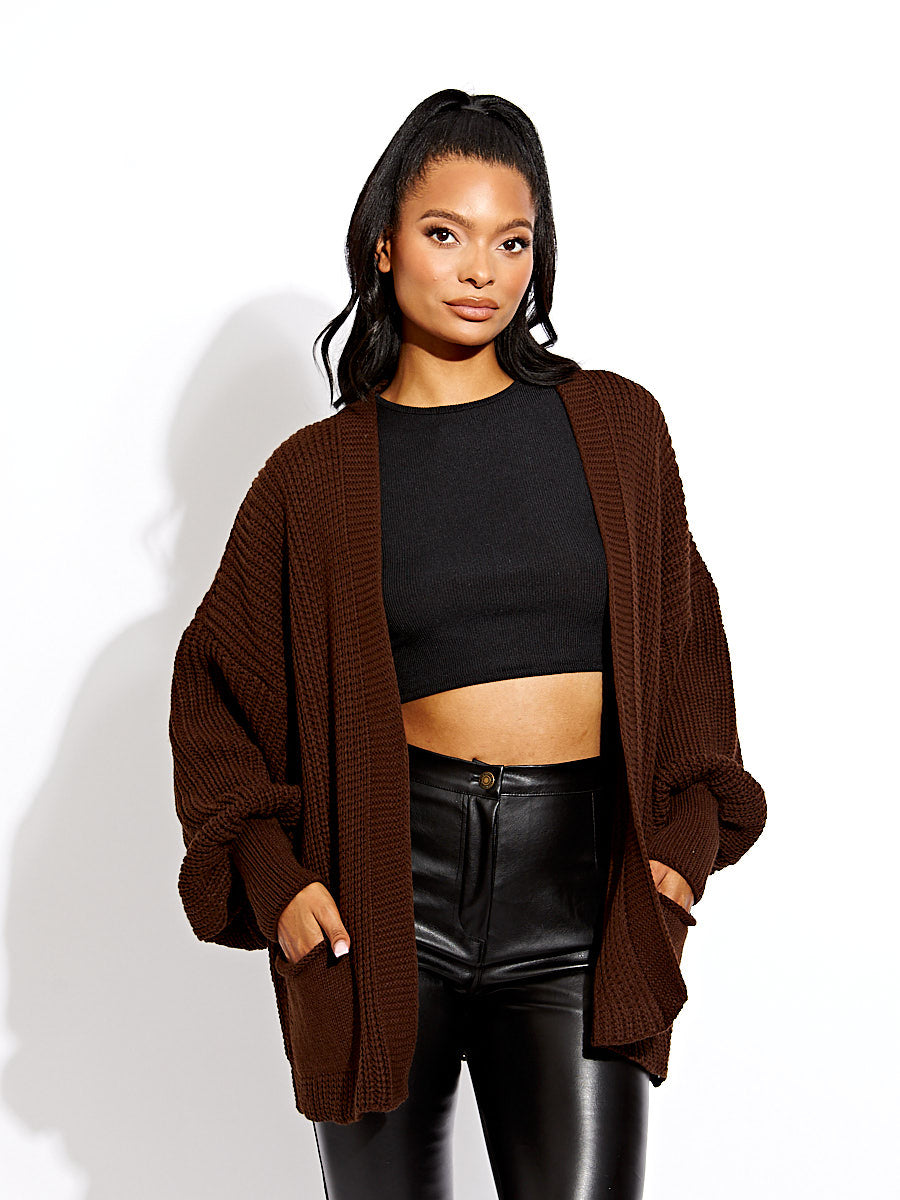 Waist Length Balloon Sleeve Knitted Cardigan