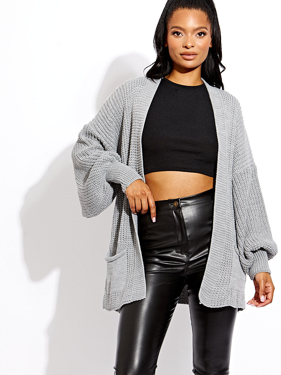 Waist Length Balloon Sleeve Knitted Cardigan