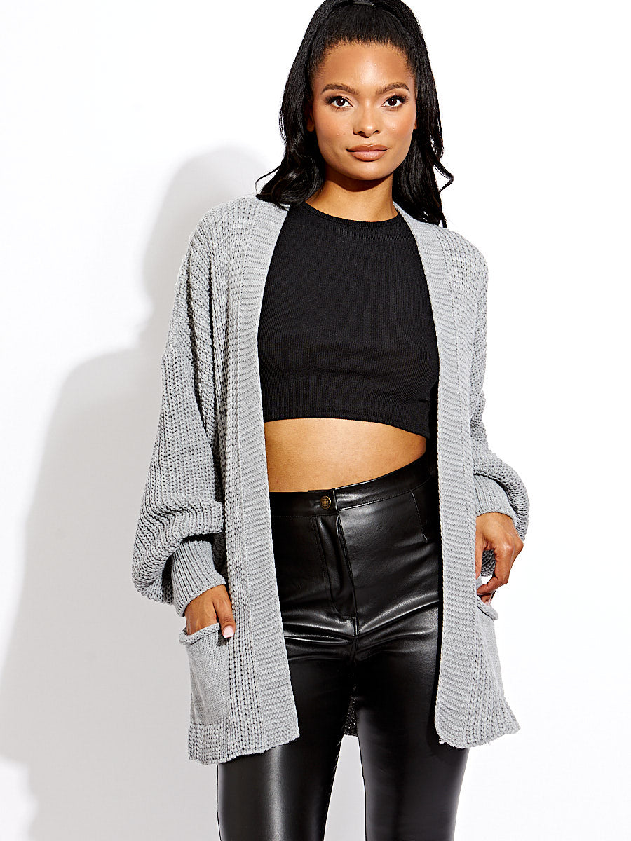 Waist Length Balloon Sleeve Knitted Cardigan