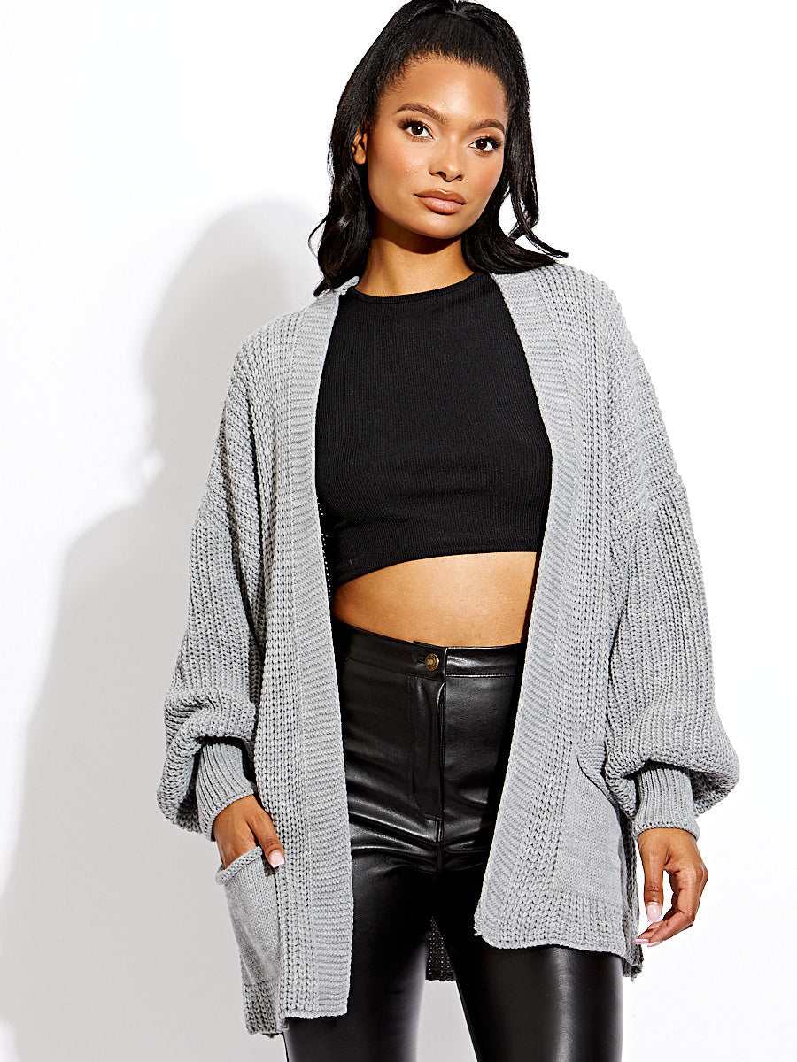 Waist Length Balloon Sleeve Knitted Cardigan