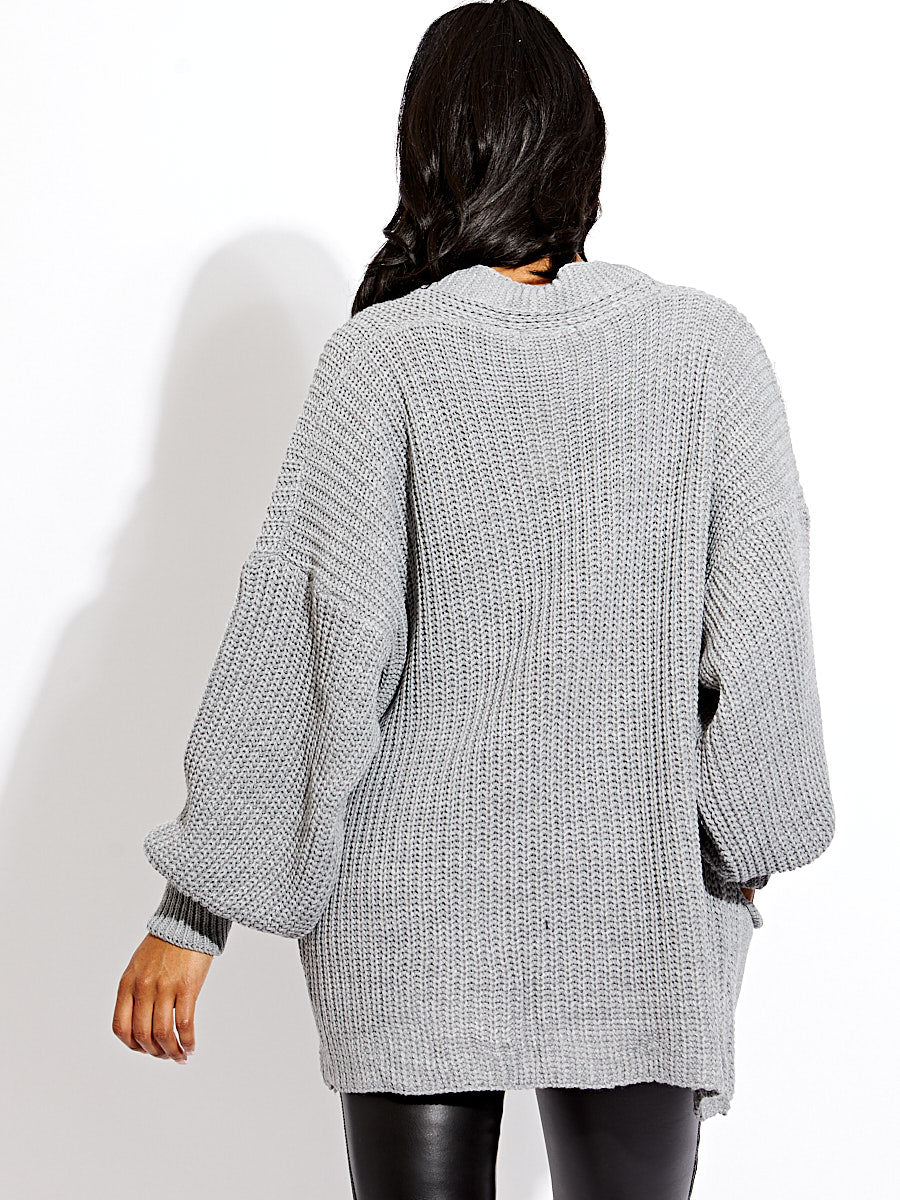 Waist Length Balloon Sleeve Knitted Cardigan