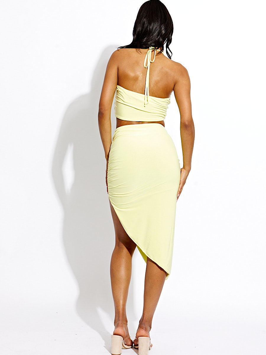 Rose Detail Halter Crop Top & Ruched Slit Skirt Co-ord
