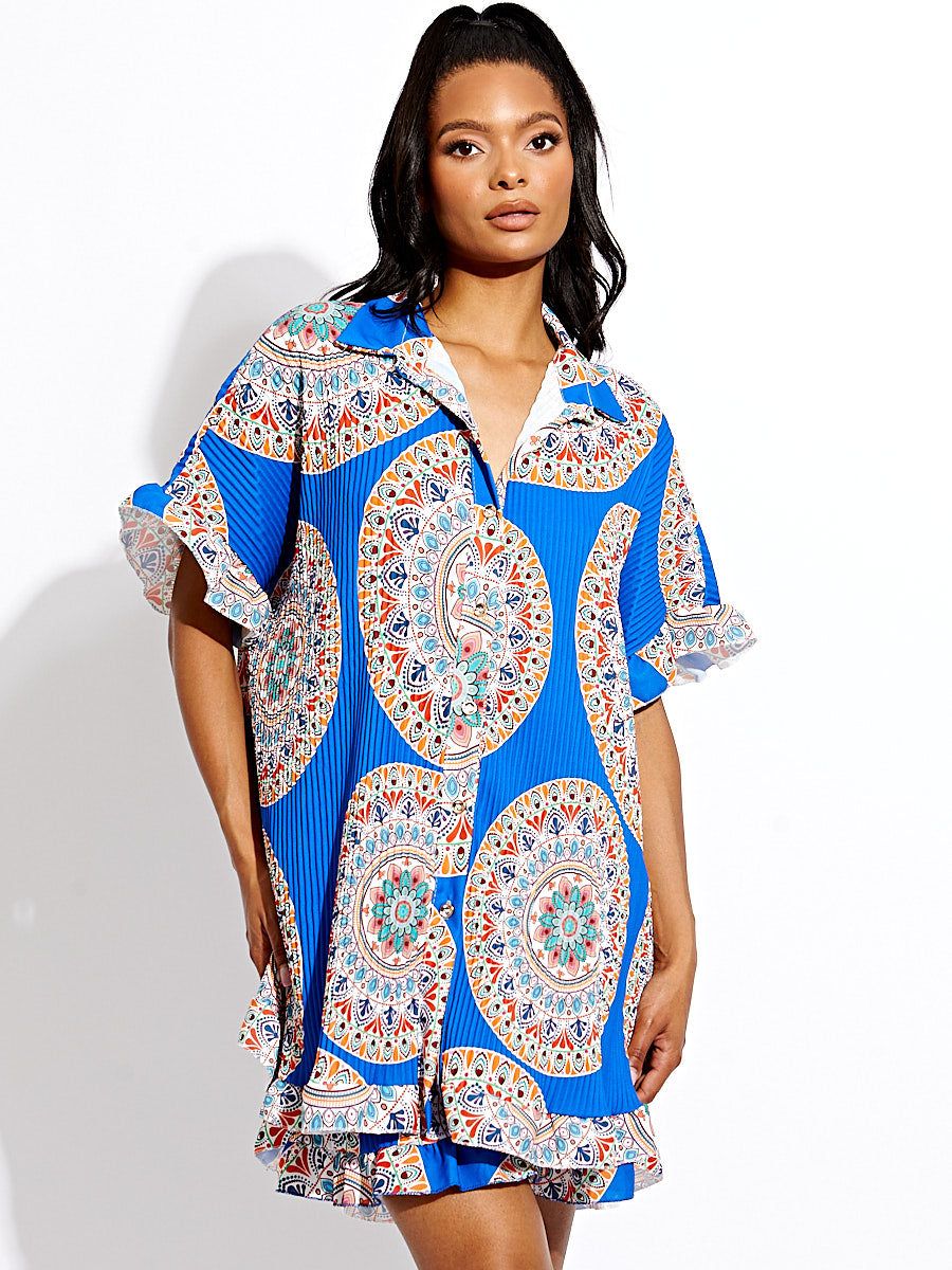 Mandala Print Plisse Detail Oversized Shirt & Shorts Co-ord