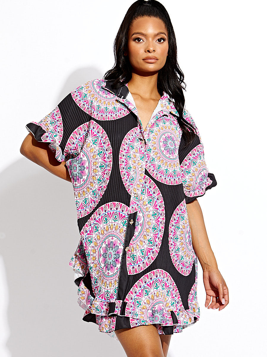 Mandala Print Plisse Detail Oversized Shirt & Shorts Co-ord