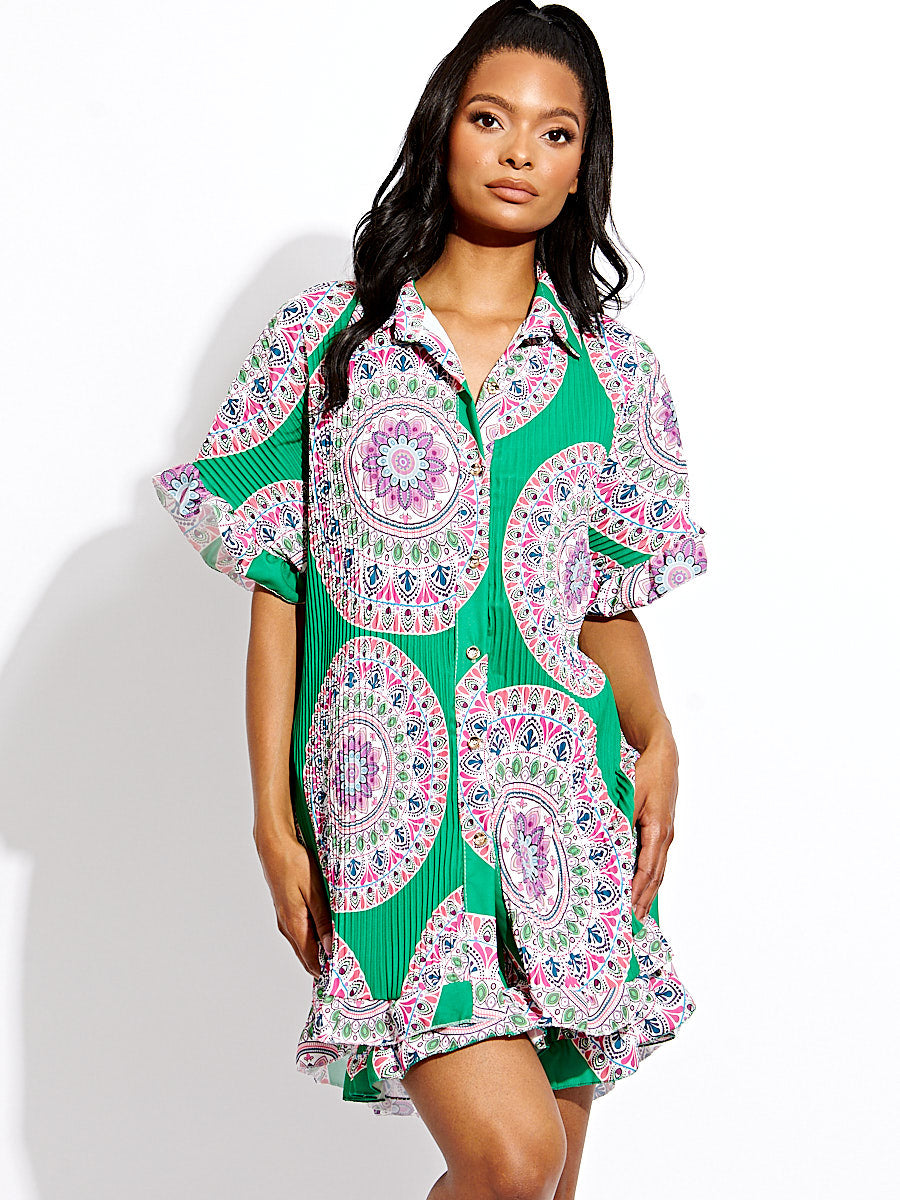 Mandala Print Plisse Detail Oversized Shirt & Shorts Co-ord
