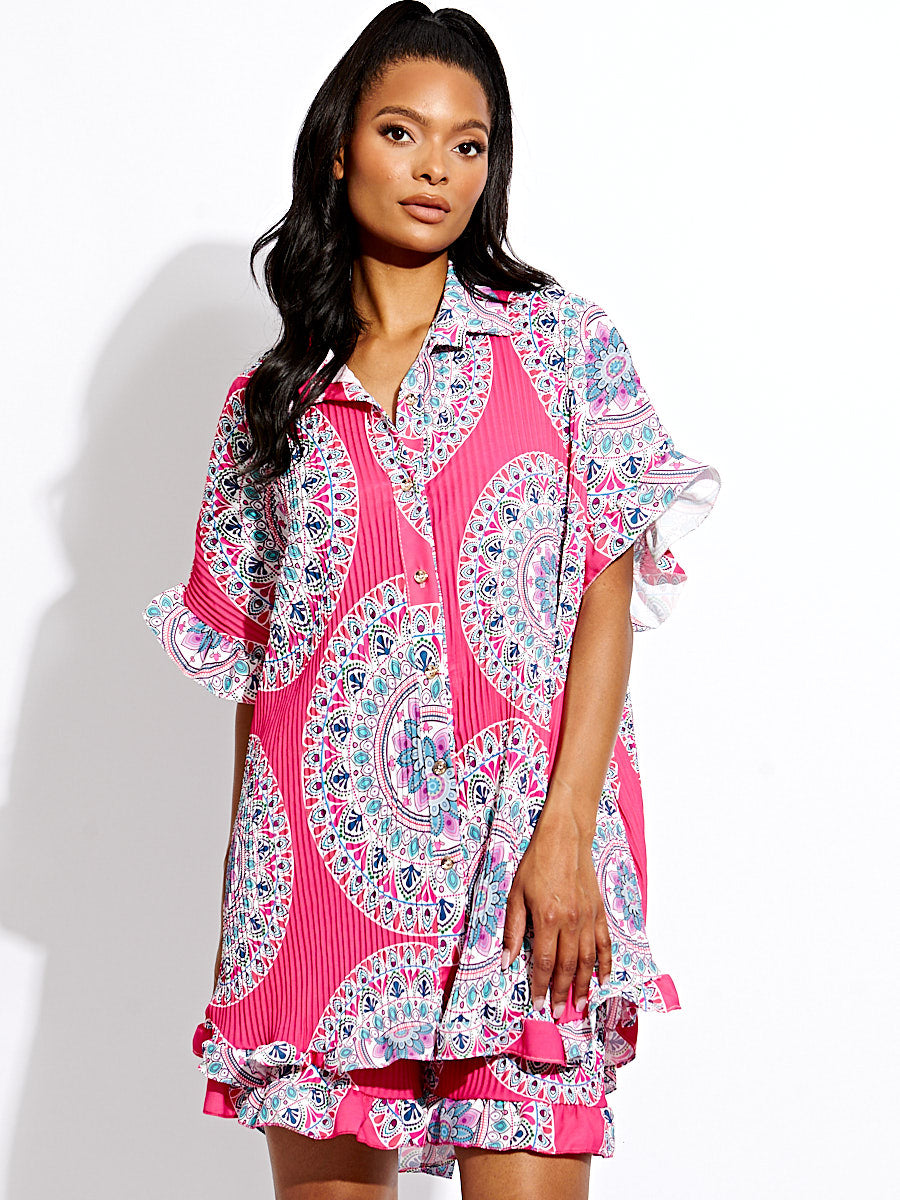 Mandala Print Plisse Detail Oversized Shirt & Shorts Co-ord