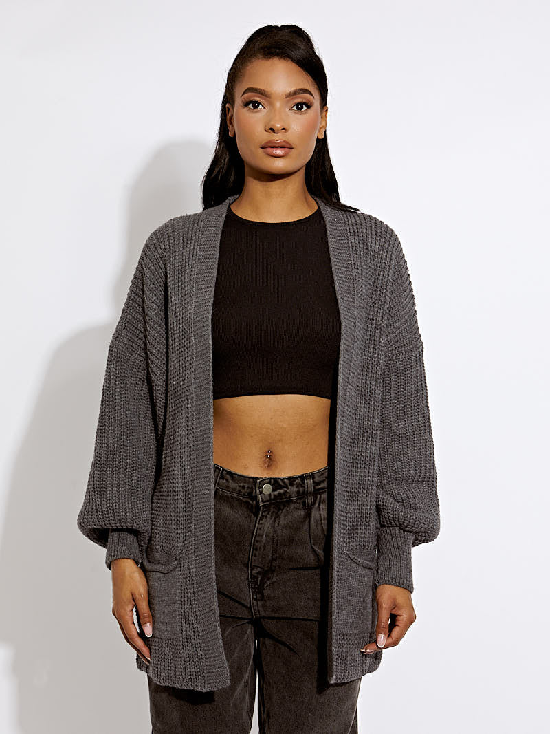 Waist Length Balloon Sleeve Knitted Cardigan