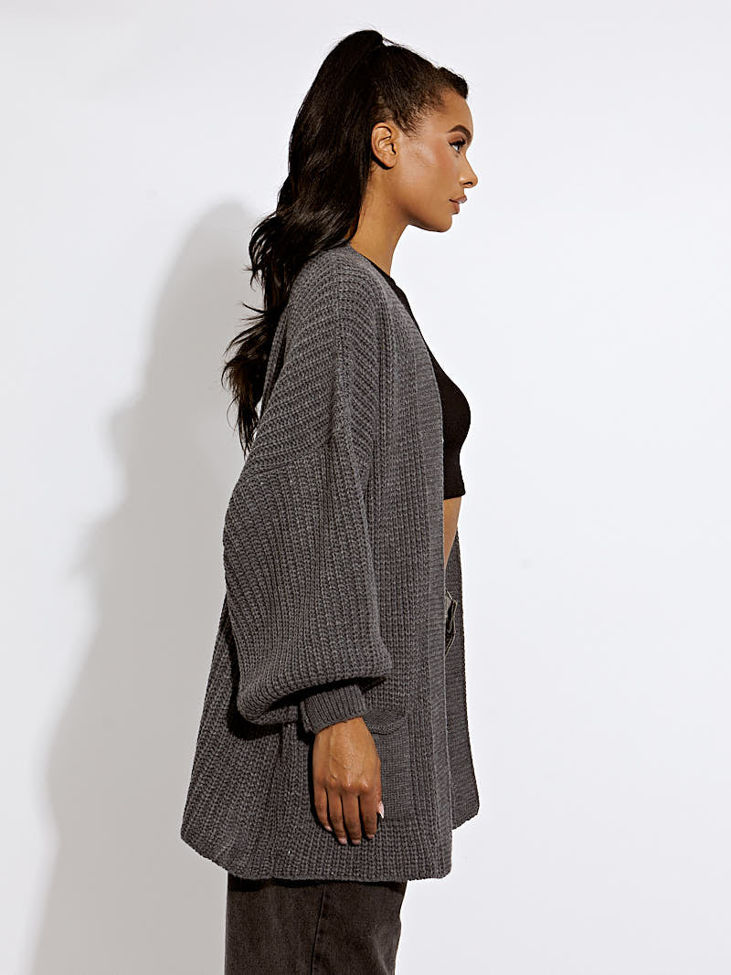 Waist Length Balloon Sleeve Knitted Cardigan