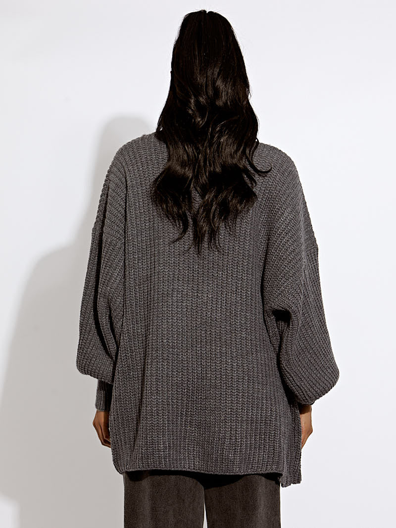 Waist Length Balloon Sleeve Knitted Cardigan