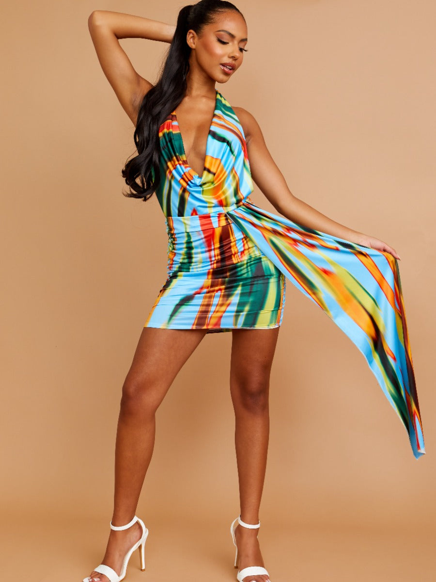 Printed Halter Cowl Neck Ruched Dress With A Long Drape