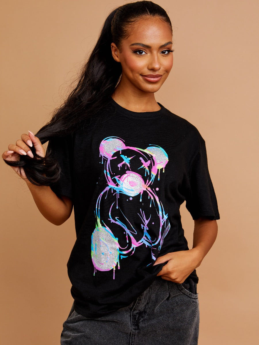 Colour Drip Teddy Graphic Printed T-Shirt