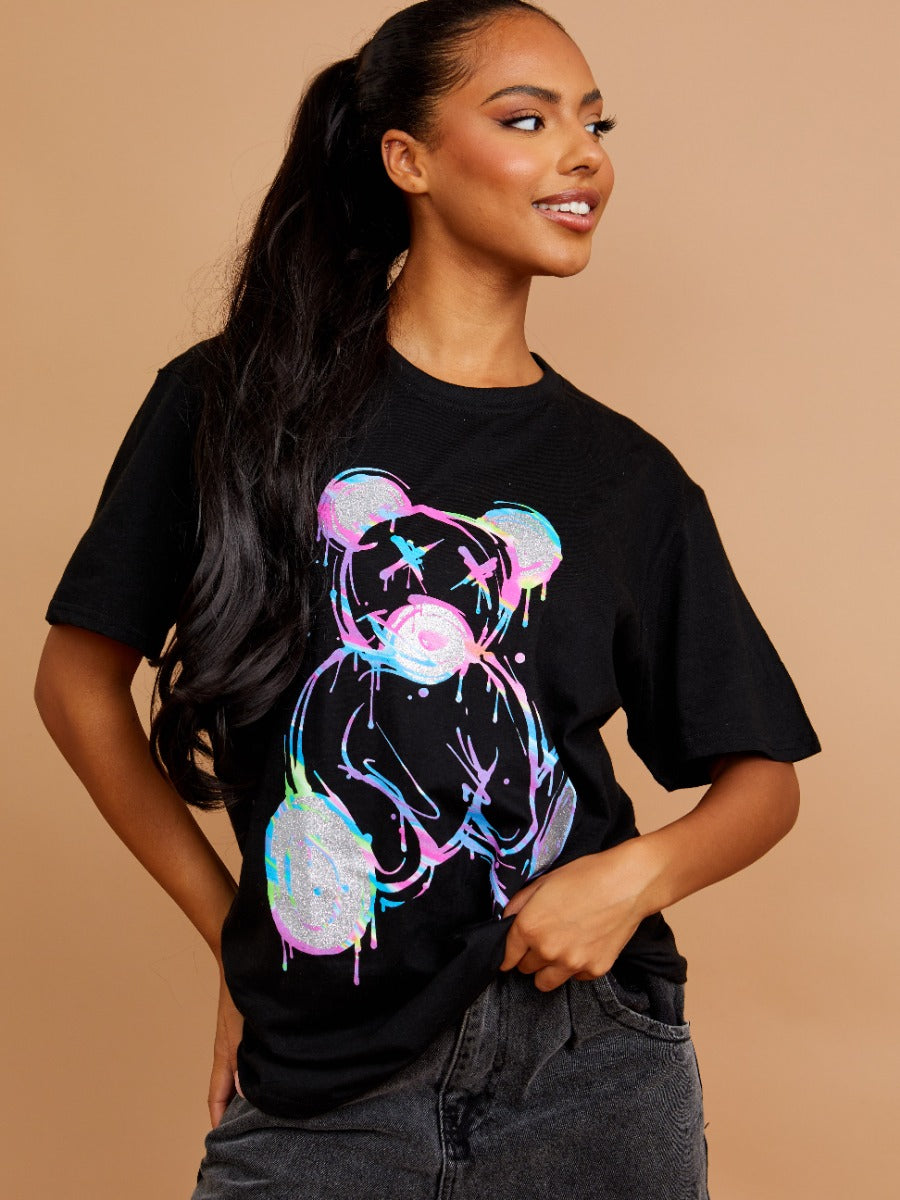 Colour Drip Teddy Graphic Printed T-Shirt
