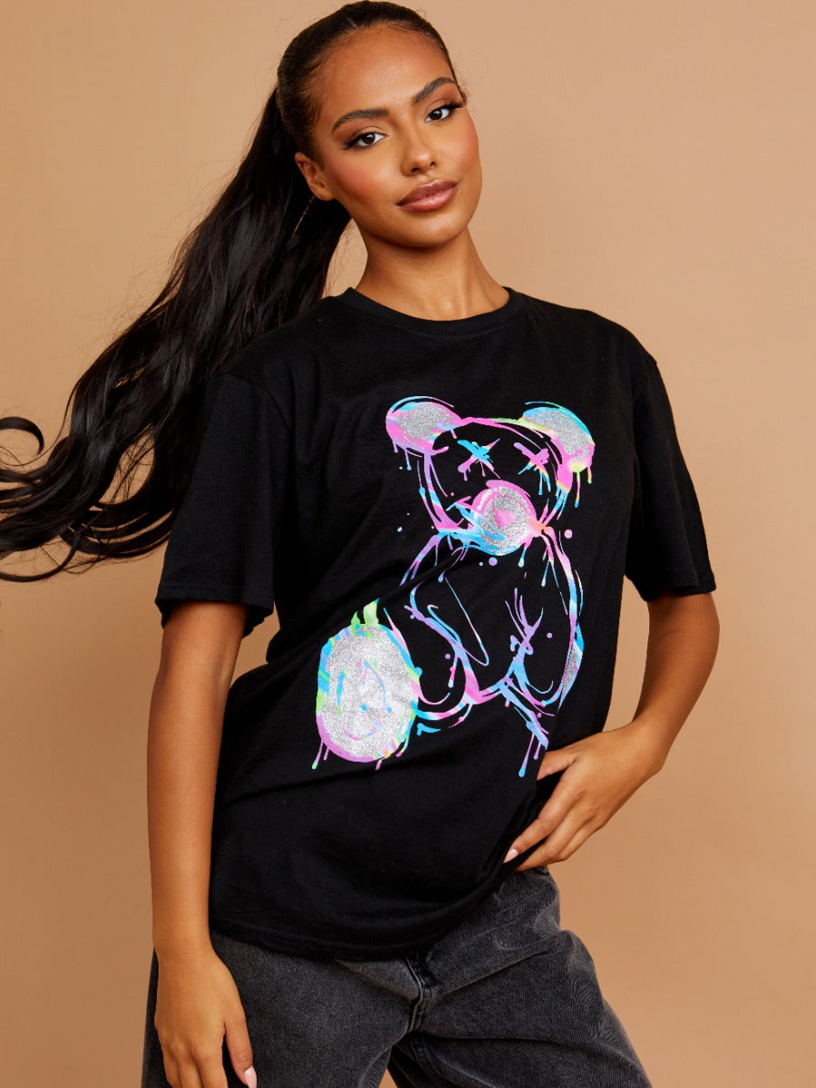 Colour Drip Teddy Graphic Printed T-Shirt