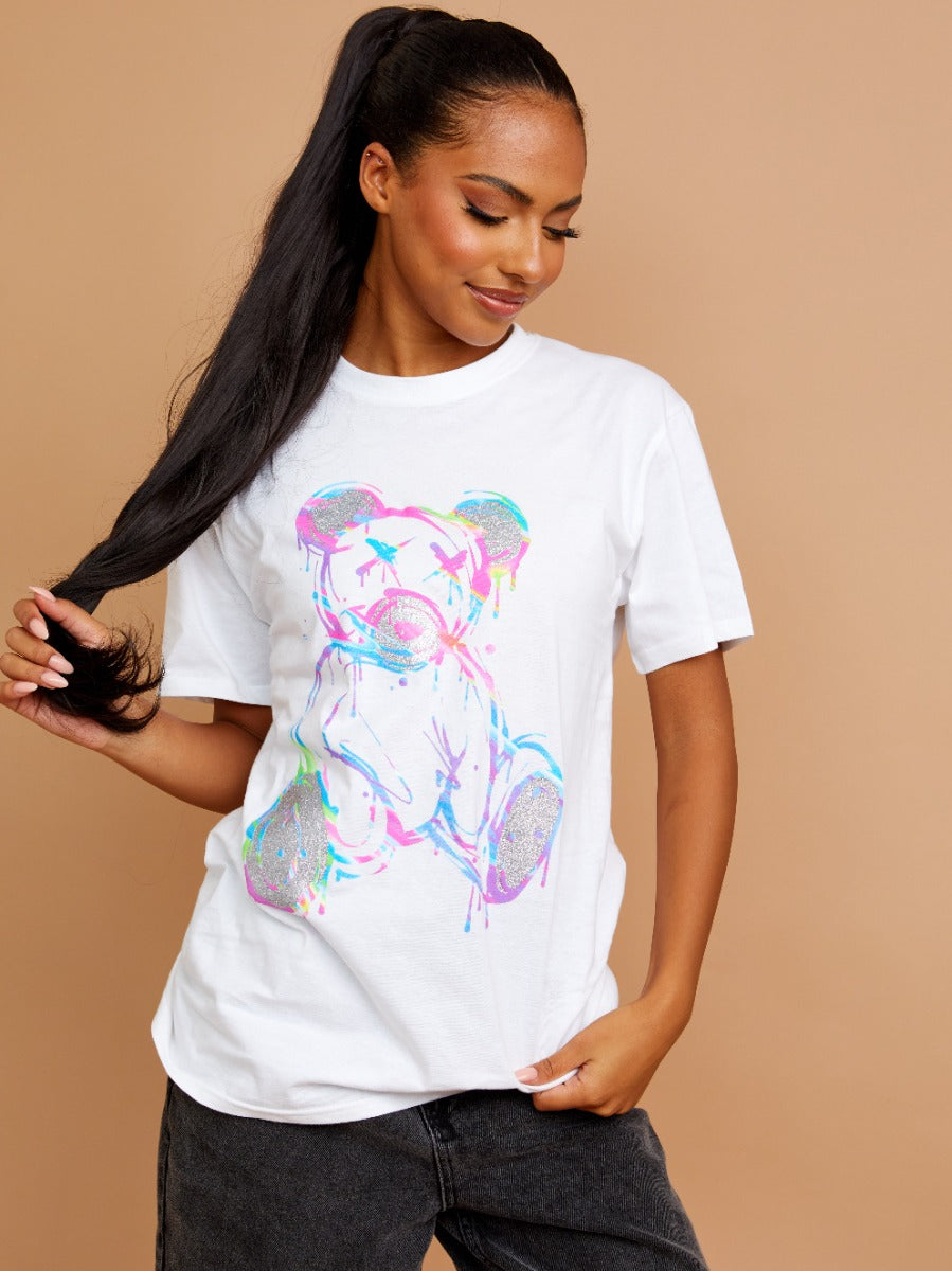 Colour Drip Teddy Graphic Printed T-Shirt