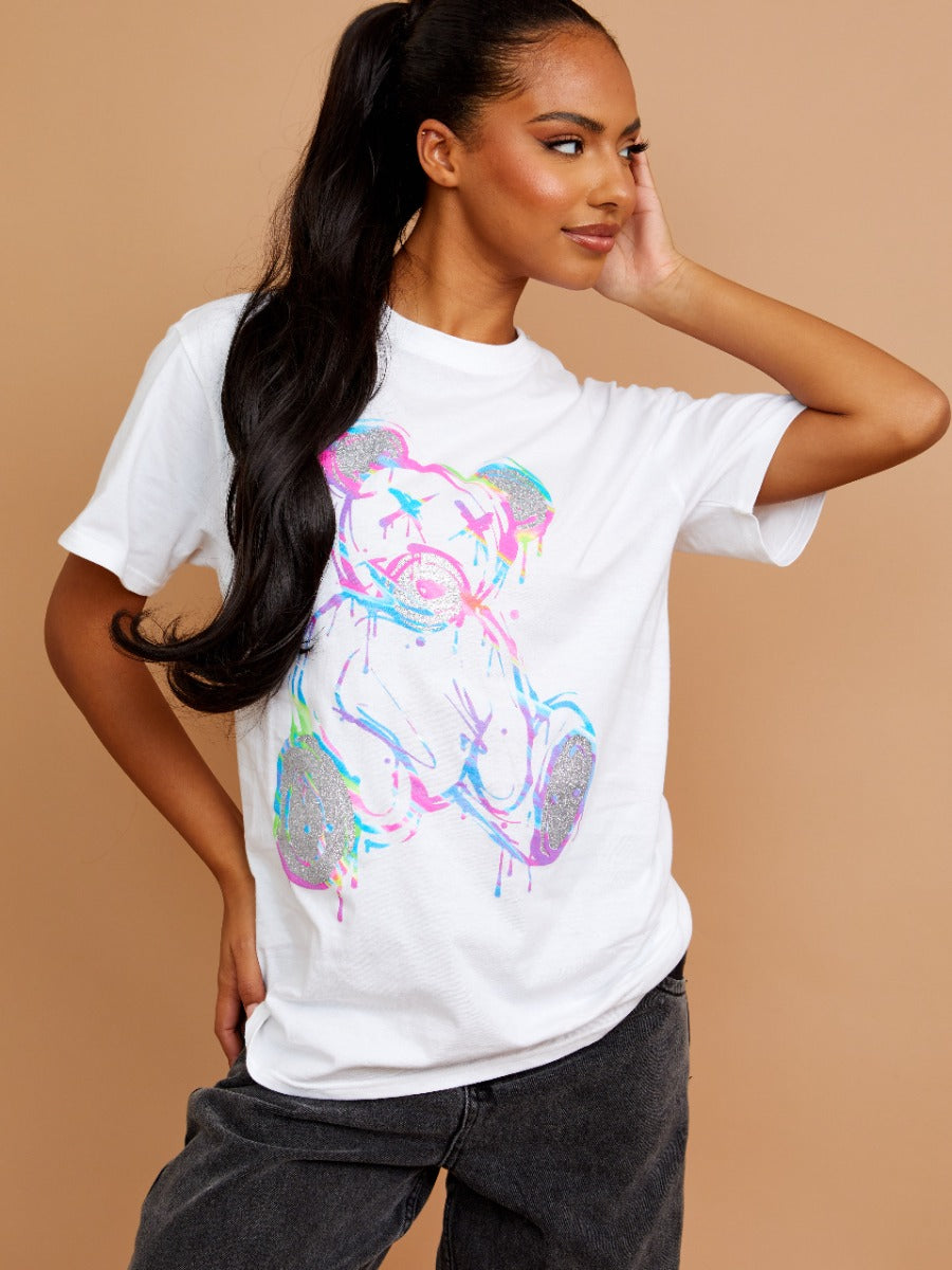 Colour Drip Teddy Graphic Printed T-Shirt
