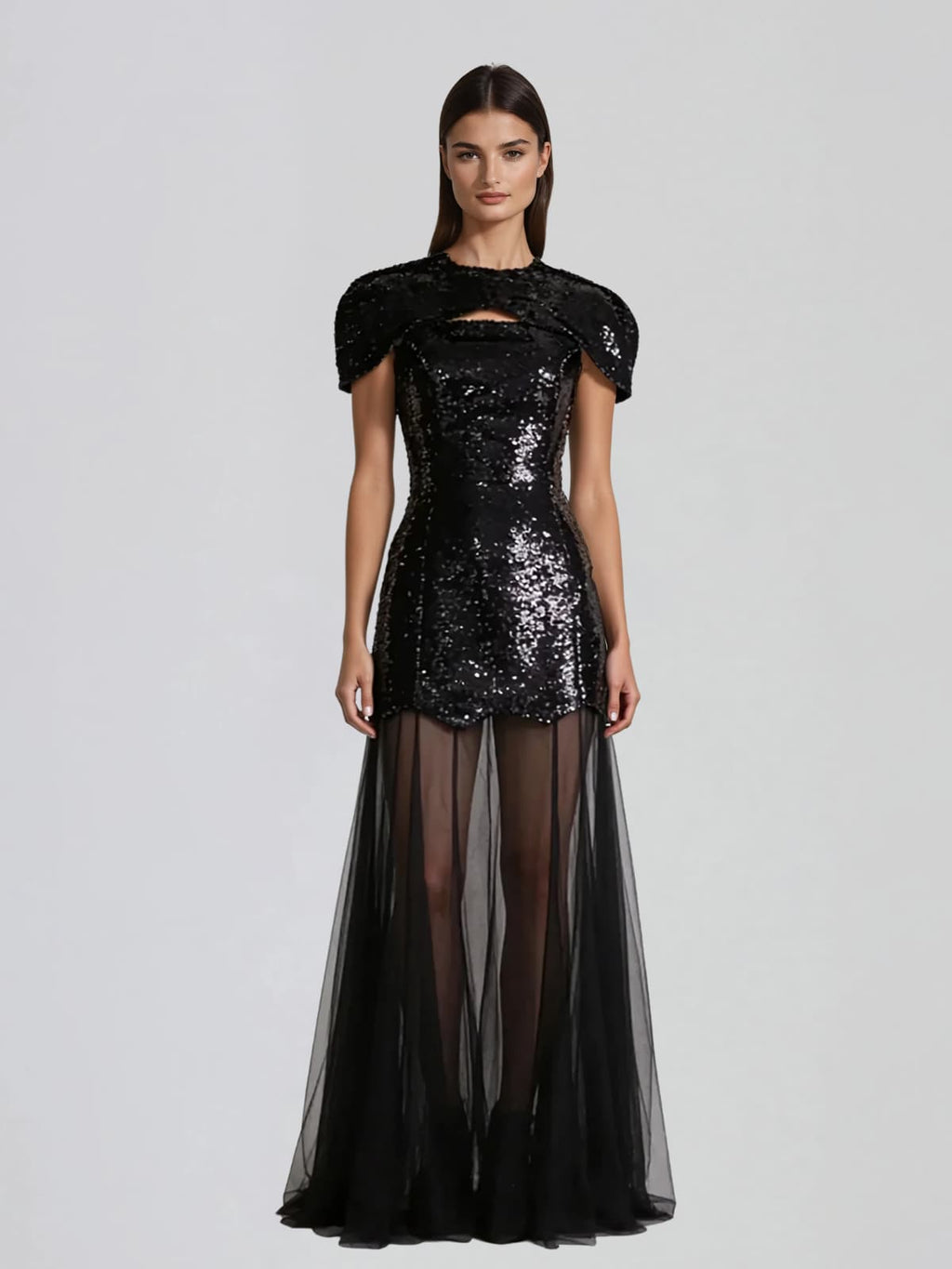 Vorynth Cape Sequin Mesh Maxi Dress