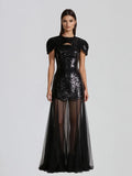 Vorynth Cape Sequin Mesh Maxi Dress