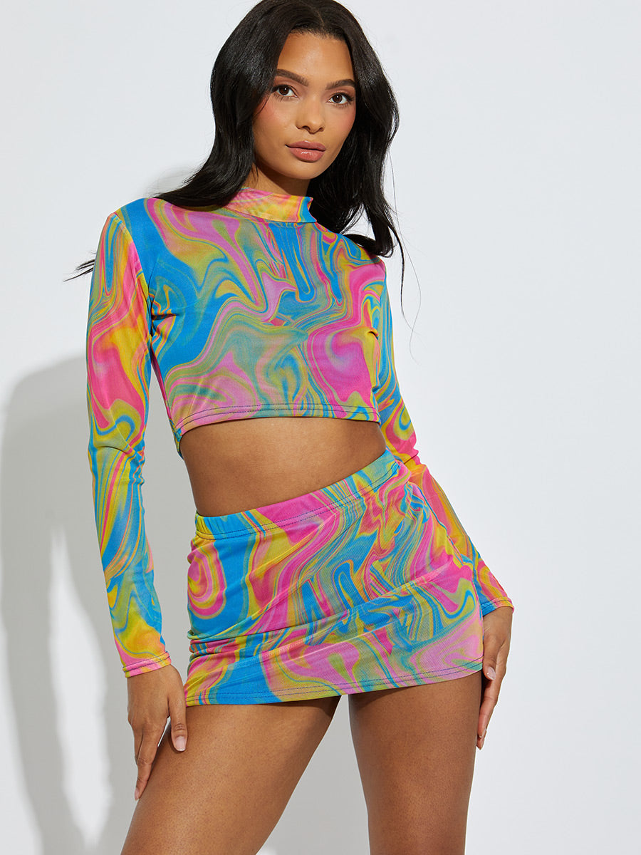 Printed Mesh Crop Top & Skirt Co-ord