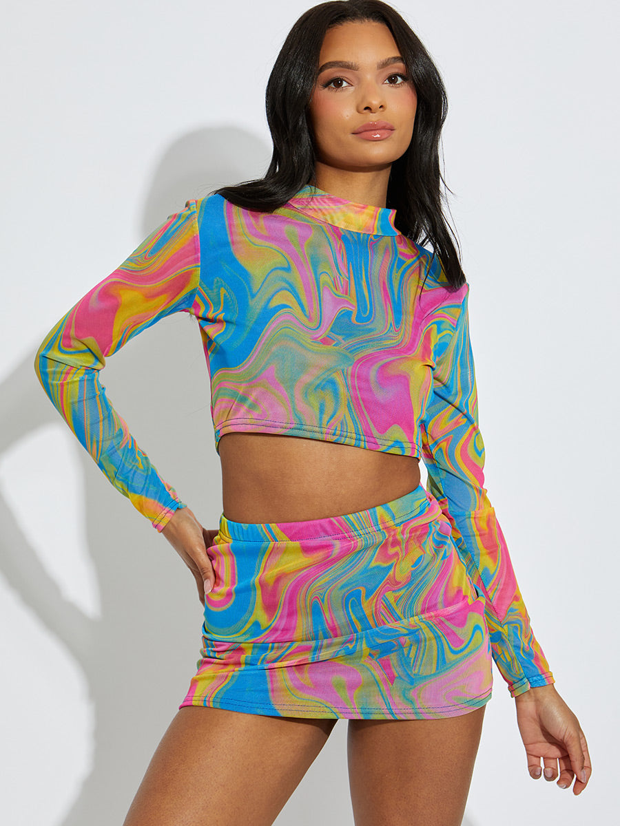 Printed Mesh Crop Top & Skirt Co-ord