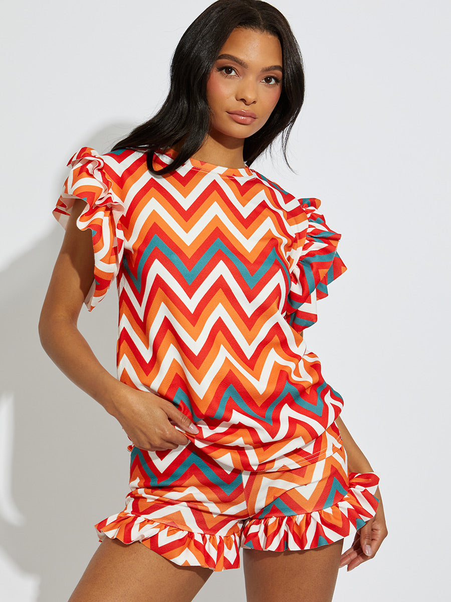 Zig Zag Frill Sleeve Top & Shorts Co-ord