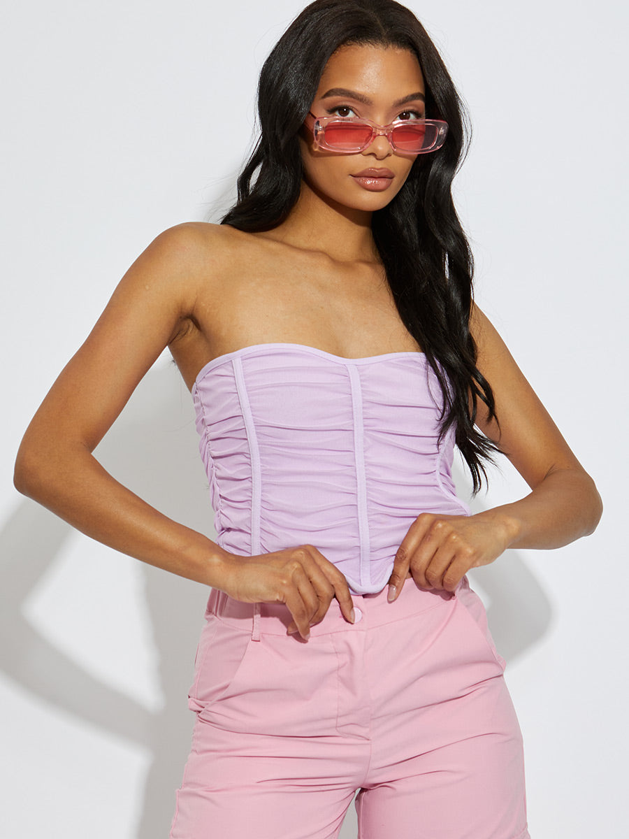Ruched Mesh Bandeau Corset Crop Top