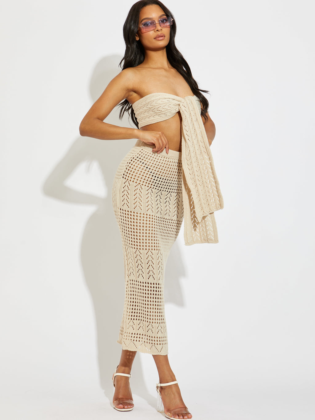Knitted Tie Knot Bandeau Bralet & Maxi Skirt Co-ord