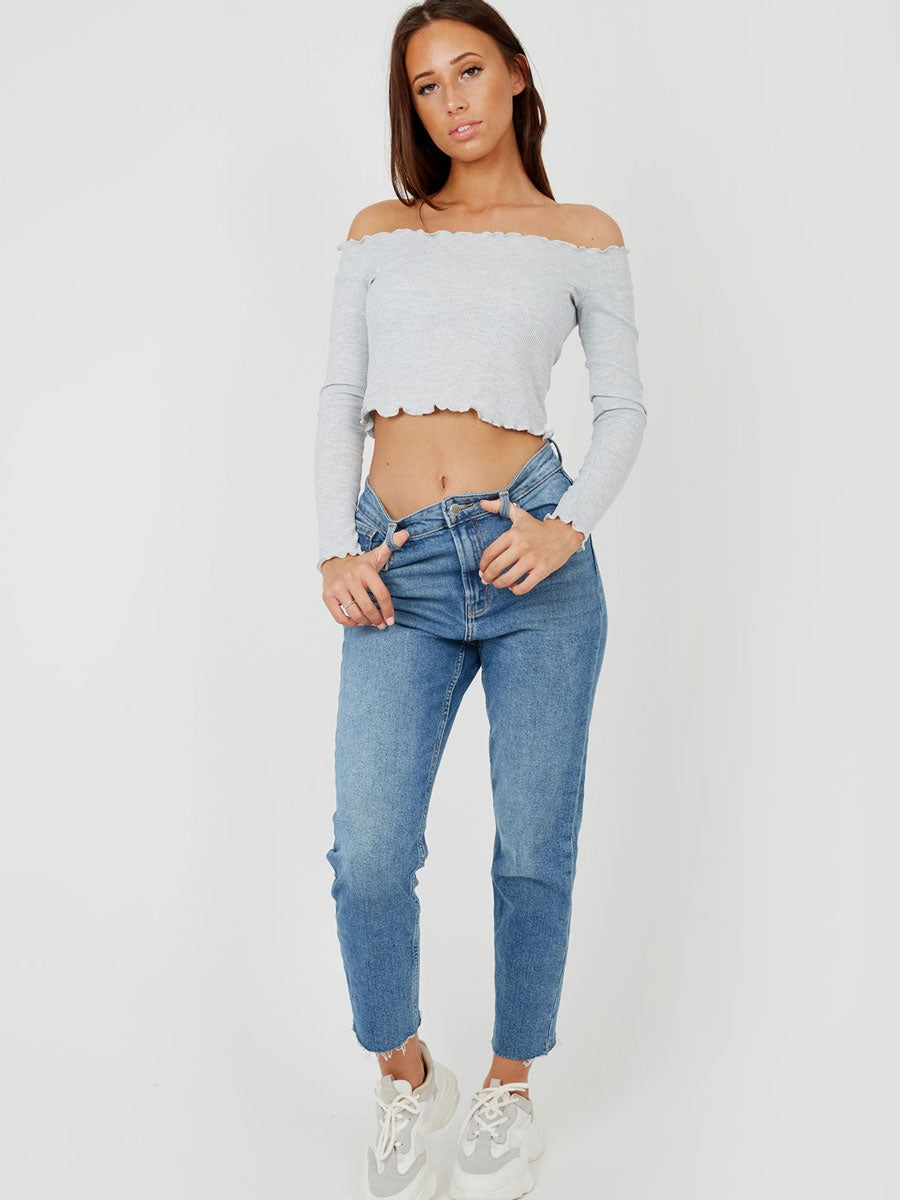 Frill Detail Ribbed Bardot Crop Top