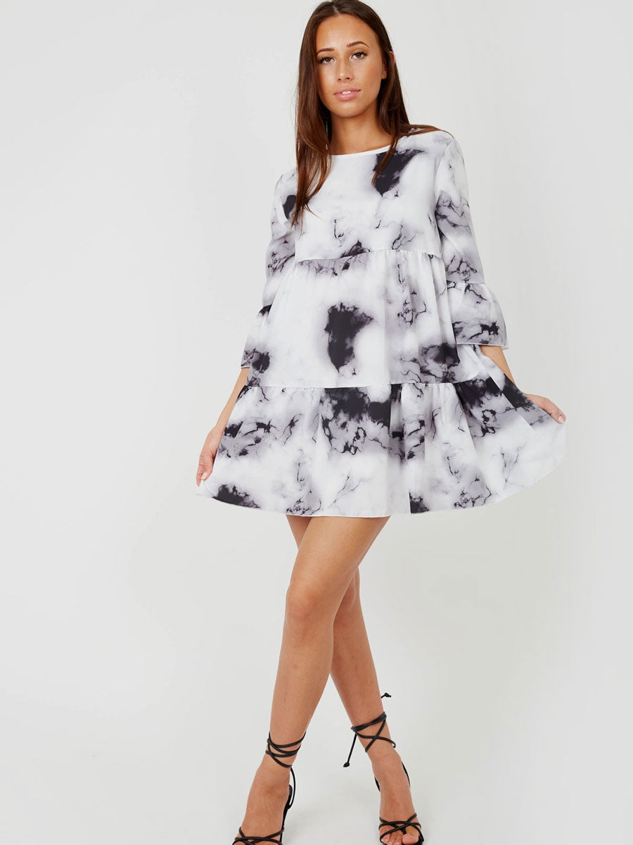 Tie-Dye Print Frill Tiered Smock Dress