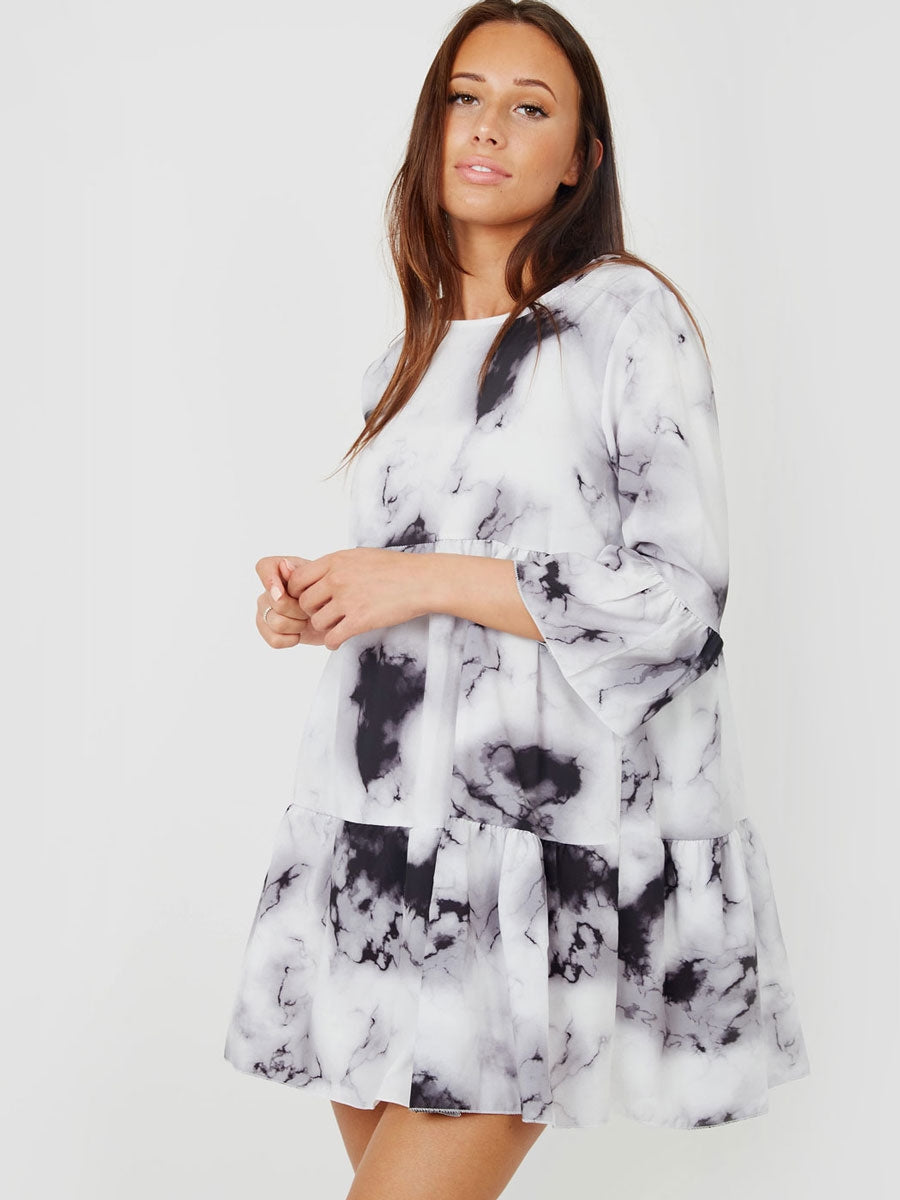 Tie-Dye Print Frill Tiered Smock Dress