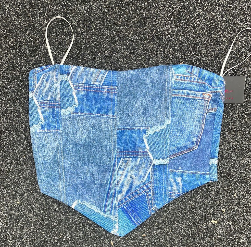 Denim Patchwork Bandeau Crop Top