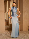 Xaldor High Neck Fringe Glitter Skirt Set In Baby Blue