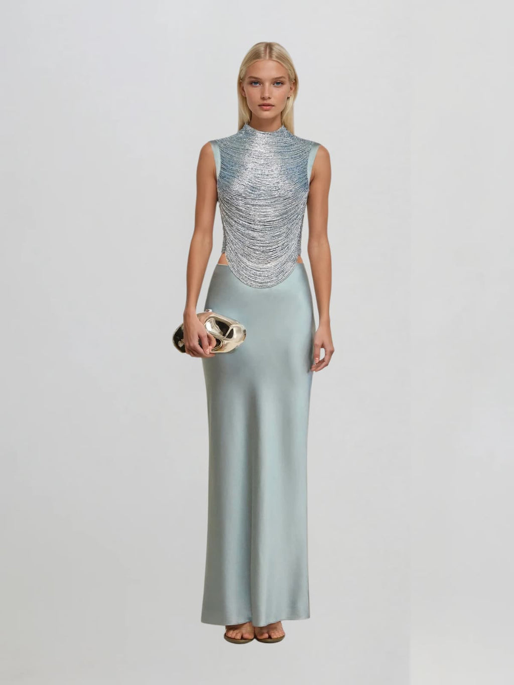 Xaldor High Neck Fringe Glitter Skirt Set In Baby Blue